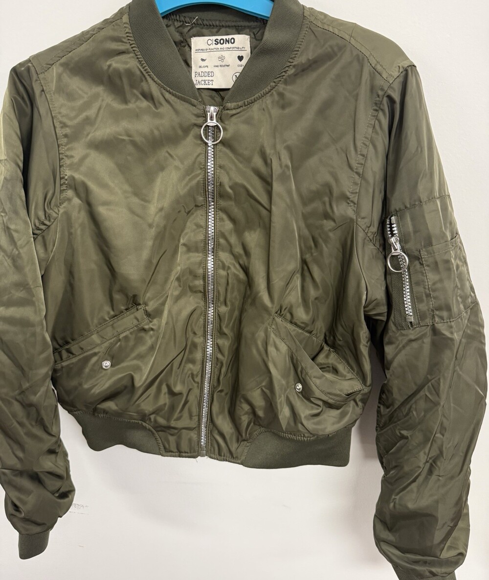 CI SONO Womens M Olive Green Padded Bomber Jacket Full Zip Ring Pull